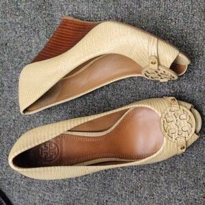 Tory Burch Cream Snakeskin Wedge Shoes